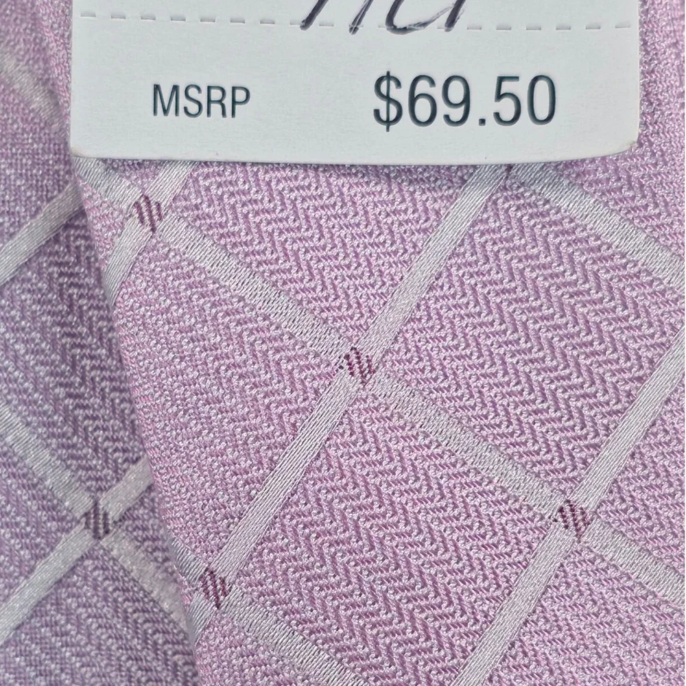 Calvin Klein Mens Tie One Size Pink Herringbone Grid Silk Blend Necktie NWT